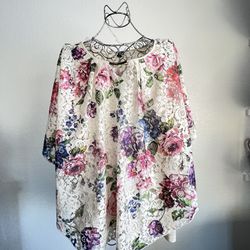 Simply Emma Floral White Pink Red Lace Cape Sleeve Overlay Cami Lined Top 3X