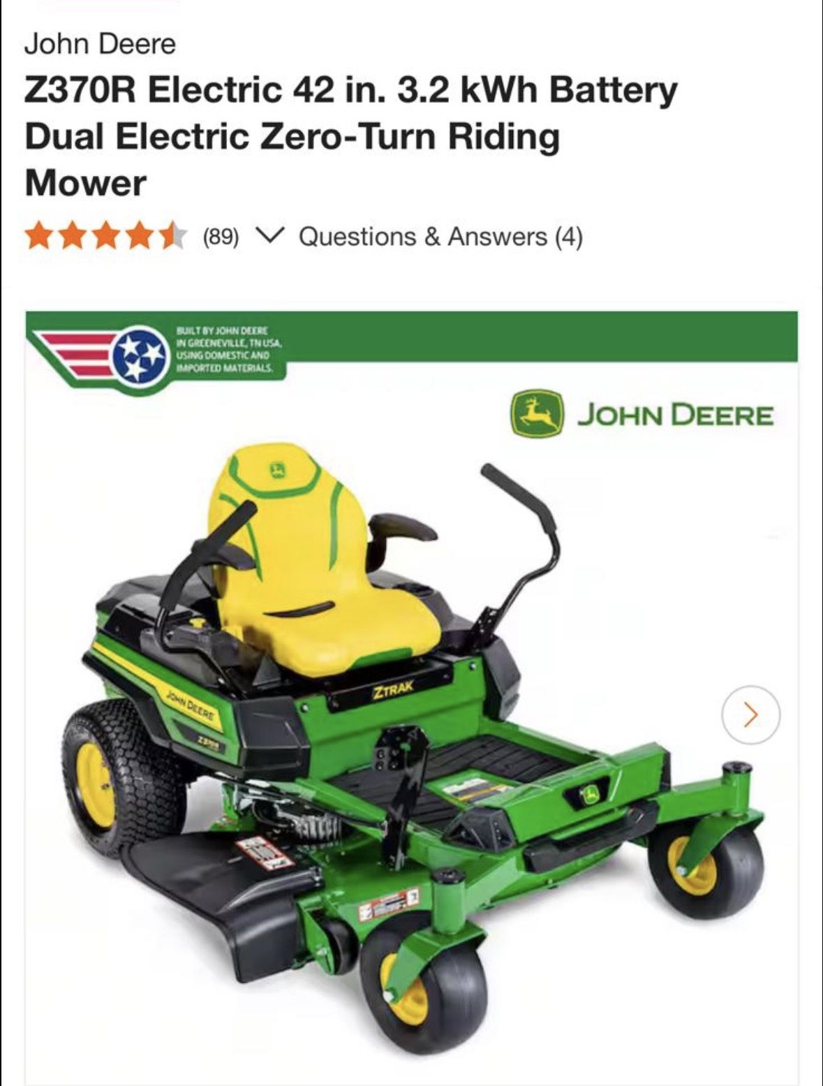 John Deere 370R Electric 42 in. 3.2 kWh Battery Dual Electric Zero-Turn Riding Mower