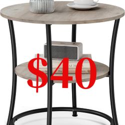 Side Table, Round End Table with 2 Storage Shelves