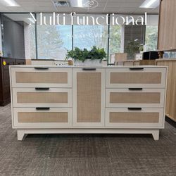 Multi functional Storage Cabinet/Buffet Cabinet/TV Stand. White Rattan Dresser with 6 Drawers 55” L Large Storage Boho Farmhouse Style Perf