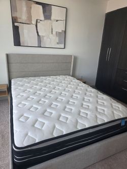 Queen bed with storage  and matress,almost new + free 2 night stands