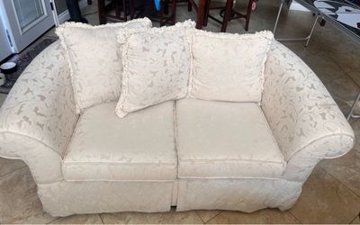 Cream Fabric Loveseat with Throw Pillows