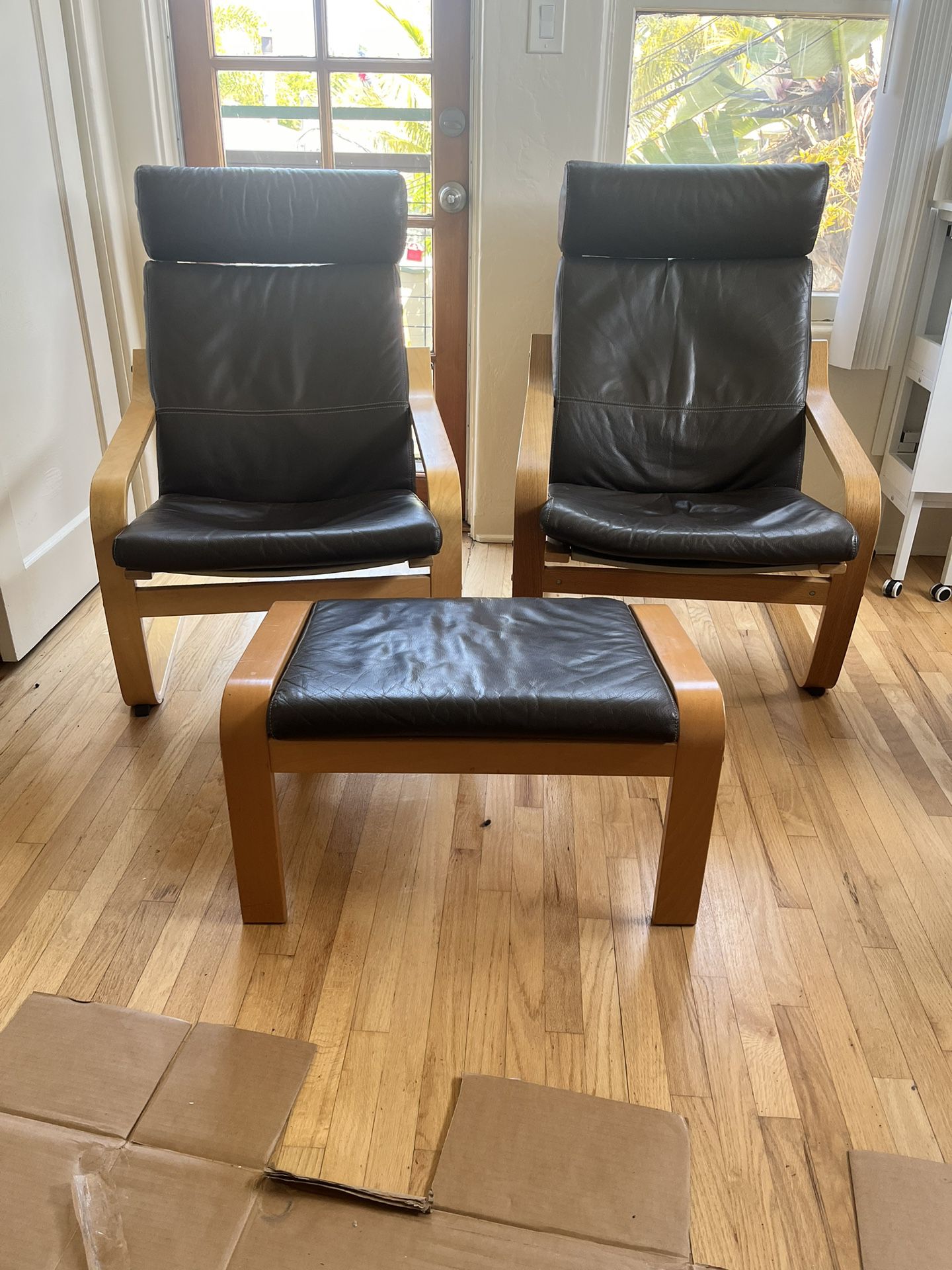 IKEA Poang Leather Chairs And Ottoman 