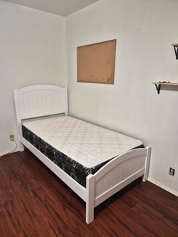 White Wood Twin Bed Frame with Mattress