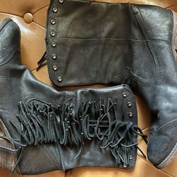 Luxury Rebel Womens Blk Leather Fringe Boots 