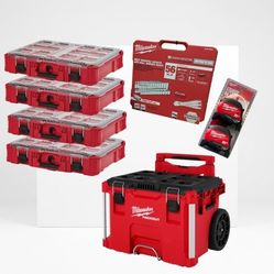 Milwaukee 56pc Socket Set Bundle with Rolling Box, 4 Organizers &  Tape Measures