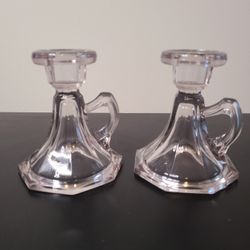 Vintage Purple Glass Candlestick Holders With Handles and Pedestal