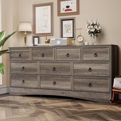 1923a  Farmhouse 10 Drawer Dresser for Bedroom – 63'' Long Dresser Wood Chest of Drawers,TV Stand for 75 inch TV, Storage Organizer Furniture, Hallway