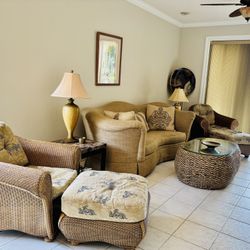 Thomasville Coastal Living Room Set – Sofa, Chairs, Glass Table – Like New