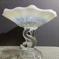 Antique Northwood Glass Opalescent Dolphin Compote, Candy Dish
