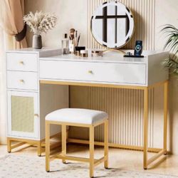 Lamerge Dresser with Stool, Rattan Vanity Set with Charging Outlet, Drawers and Cabinet, Bedroom Vanity for Women, Girls, White + Gold