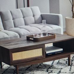 Mopping Haylee Modern Farmhouse Boho Coffee Table Walnut, with Rattan Cane Sliding Doors 