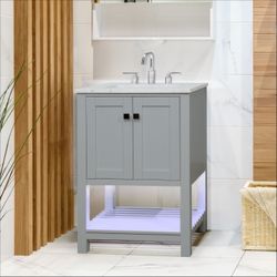 24" Grey Vanity with Quartz Top & Porcelain Sink