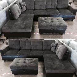 Gray microfiber sectional couch and Ottoman