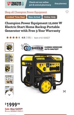 Champion Power Equipment 12,000 W Electric Start Home Backup Portable Generator with Free 3-Year Warranty