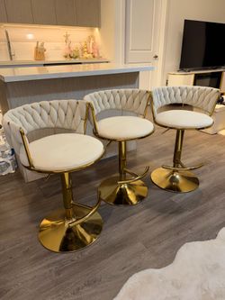 Set of 3 Woven Velvet Bar Stools with Gold Base