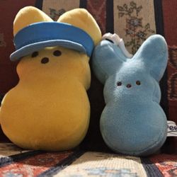 EASTER PEEPS SET OF BUNNY RABBITS YELLOW 5" PLUSH & BLUE PLUSH CLIP CHARM 4"INCHES