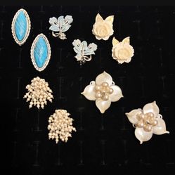 VINTAGE clip on earrings silver tone turquoise flowers beads faux pearls BSK $50 obo
