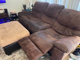 Dark Brown Couch and Tan Ottoman