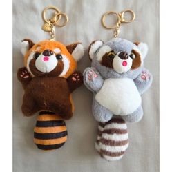 Plush Grey & Red Panda Animal Keychain Bag Charm 2pc Set, New