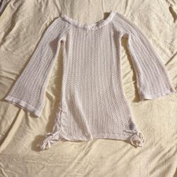 SHEIN White Crochet Bell Sleeve Short Mini Dress Cover Up Scoop Neck Sz X Small