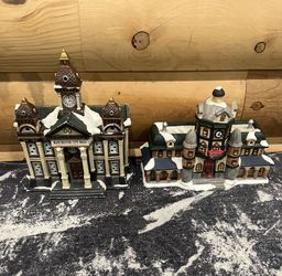 2 Vintage Traditions Christmas Village City Hall & Train Station Porcelain Buildings