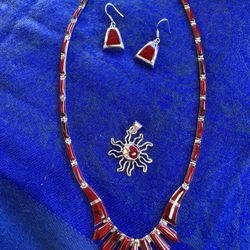  Taxco 925 Silver Jasper Red Necklace, Earrings and Pendant