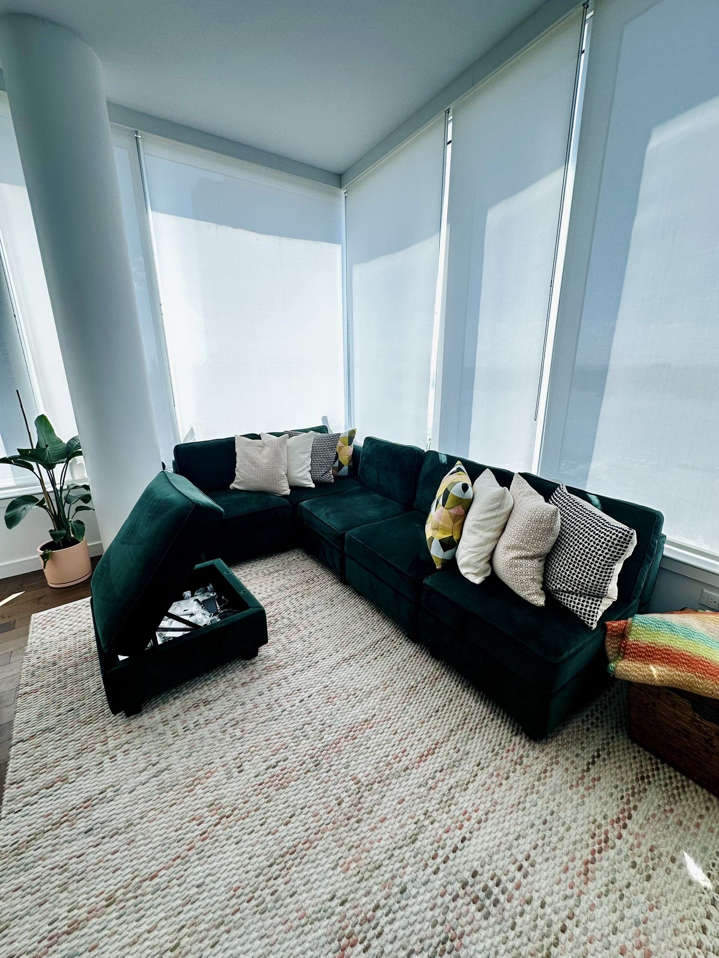 Modular Velvet Sofa with Storage Seat - Pine Green