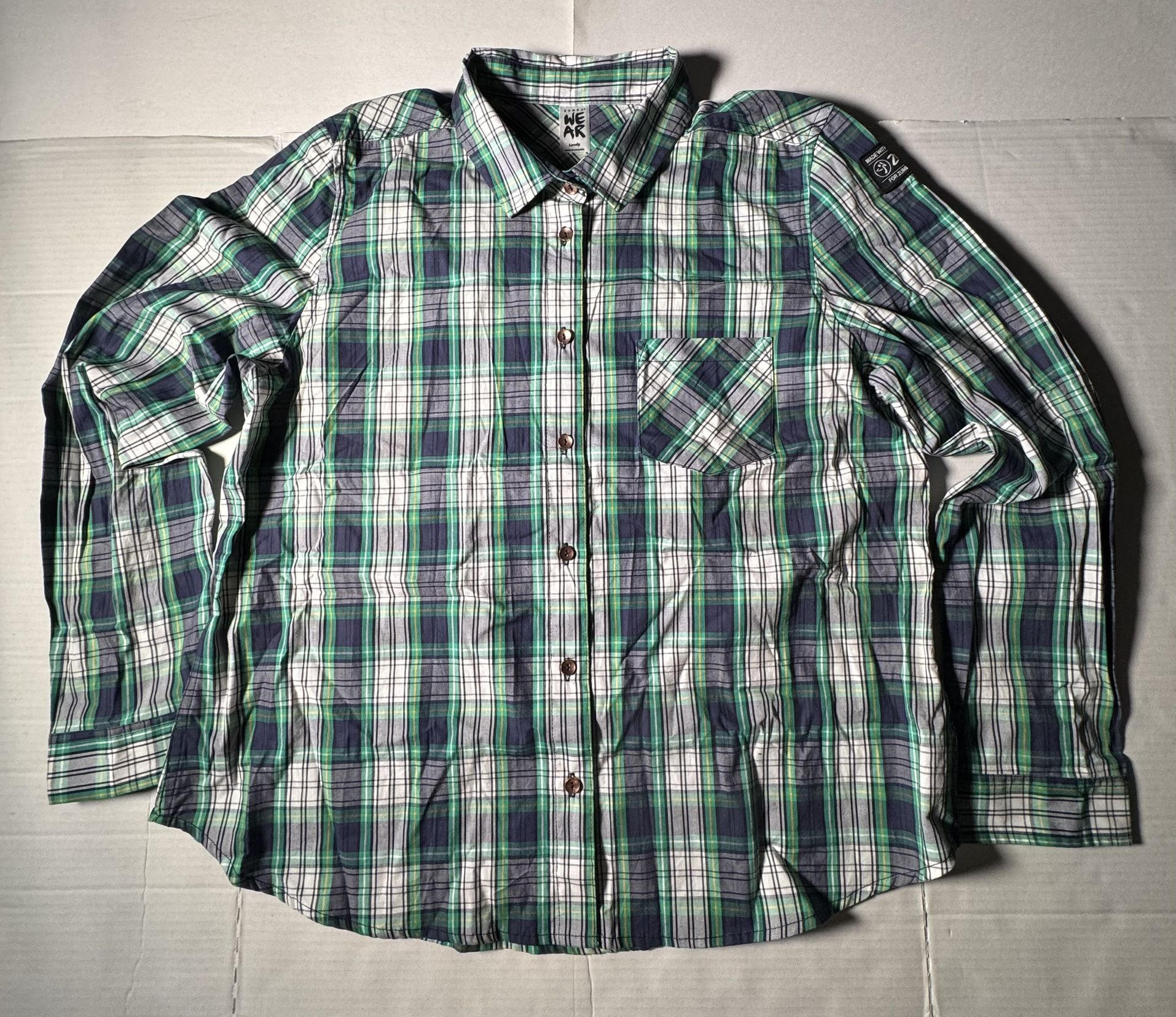 Pre Owned Good Last Photo I have not tried to remove marks Zumba Wear Fitness Button Long Sleeve Shirt Plaid Printed Embroidered Green Blue White