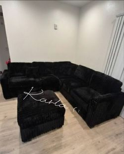 Stunning 4-Pc Black Fur-Like Jumbo Corduroy Sectional Sofa With Ottoman