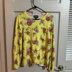 Lands End Cardigan Sweater Women Size L/P Yellow Floral Long Button Up Casual