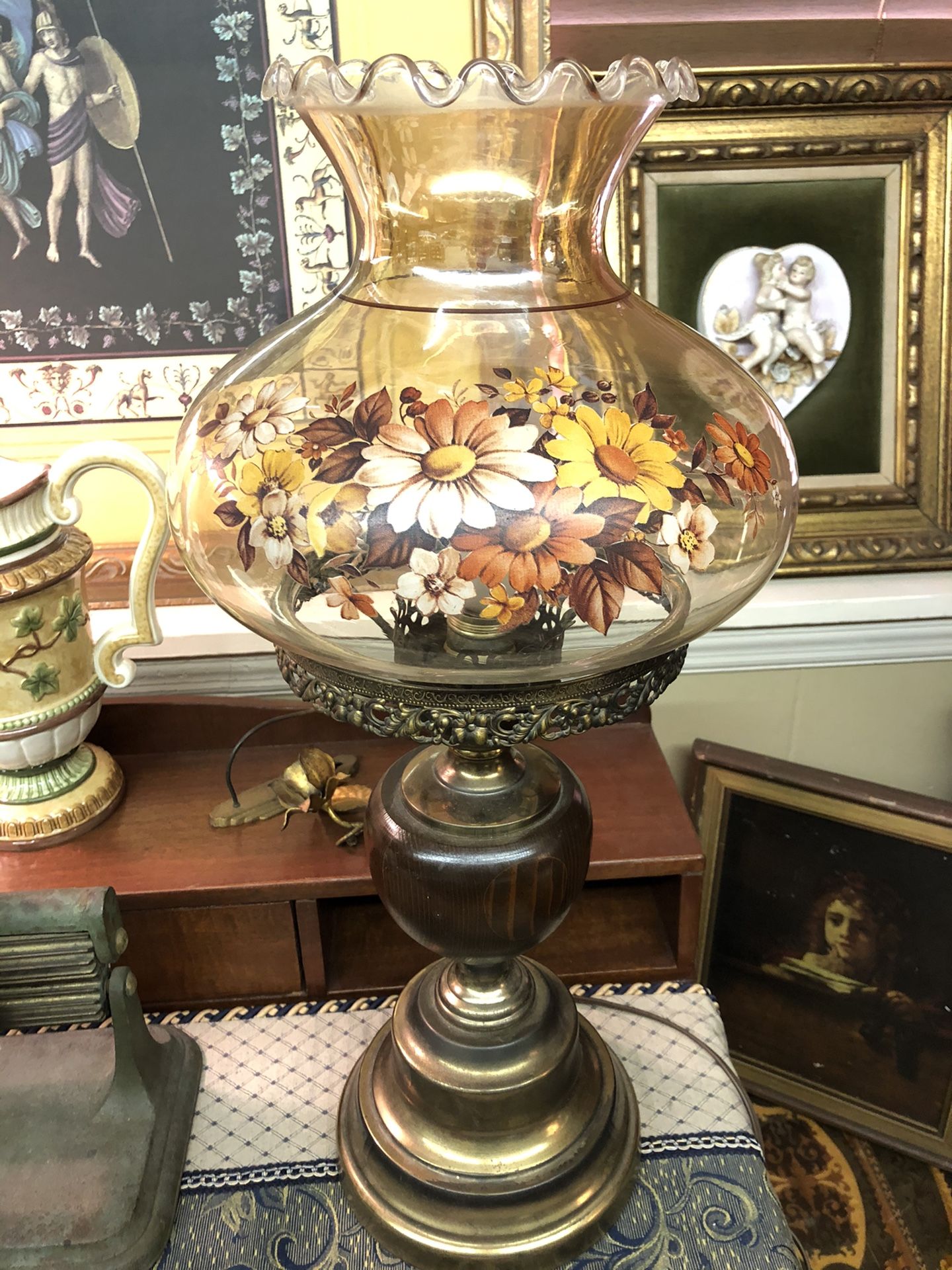 Vintage Hurricane Floral Globe Table Lamp