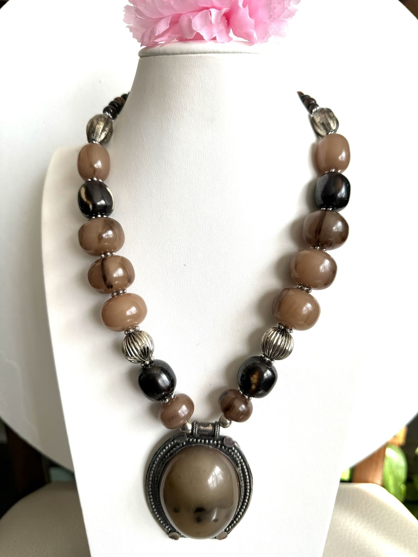 vintage and beautiful handmade Tibetan necklace with Amber resin and Tibetan silver 21”inch long