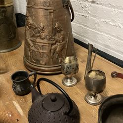 vintage metal drink ware set + decorative embossed copper jug
