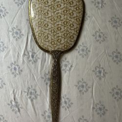 Brass Vanity Mirror Fleur-De-Lis & Flowers  Embroider Metalic Gold Thread Back