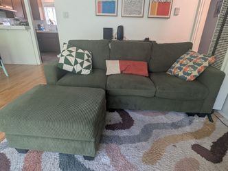 Green corduroy three-seater couch & ottoman