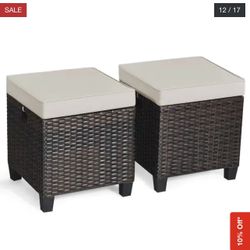 Outdoor Cushioned Rattan Wicker Ottomans (Set of 2) - Brown