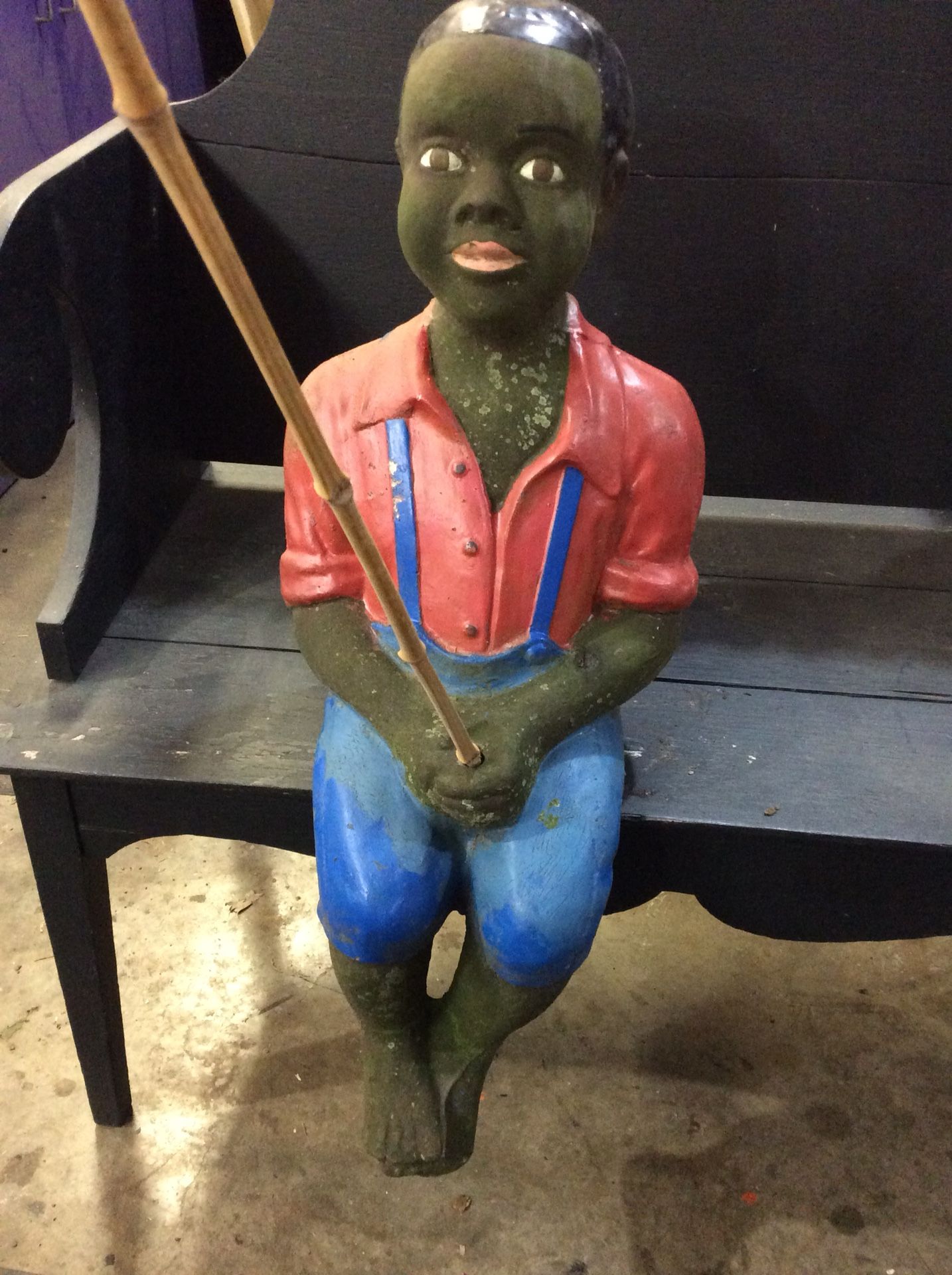 Vintage Black Americana Concrete Boy Fishing Garden Statue for Sale in