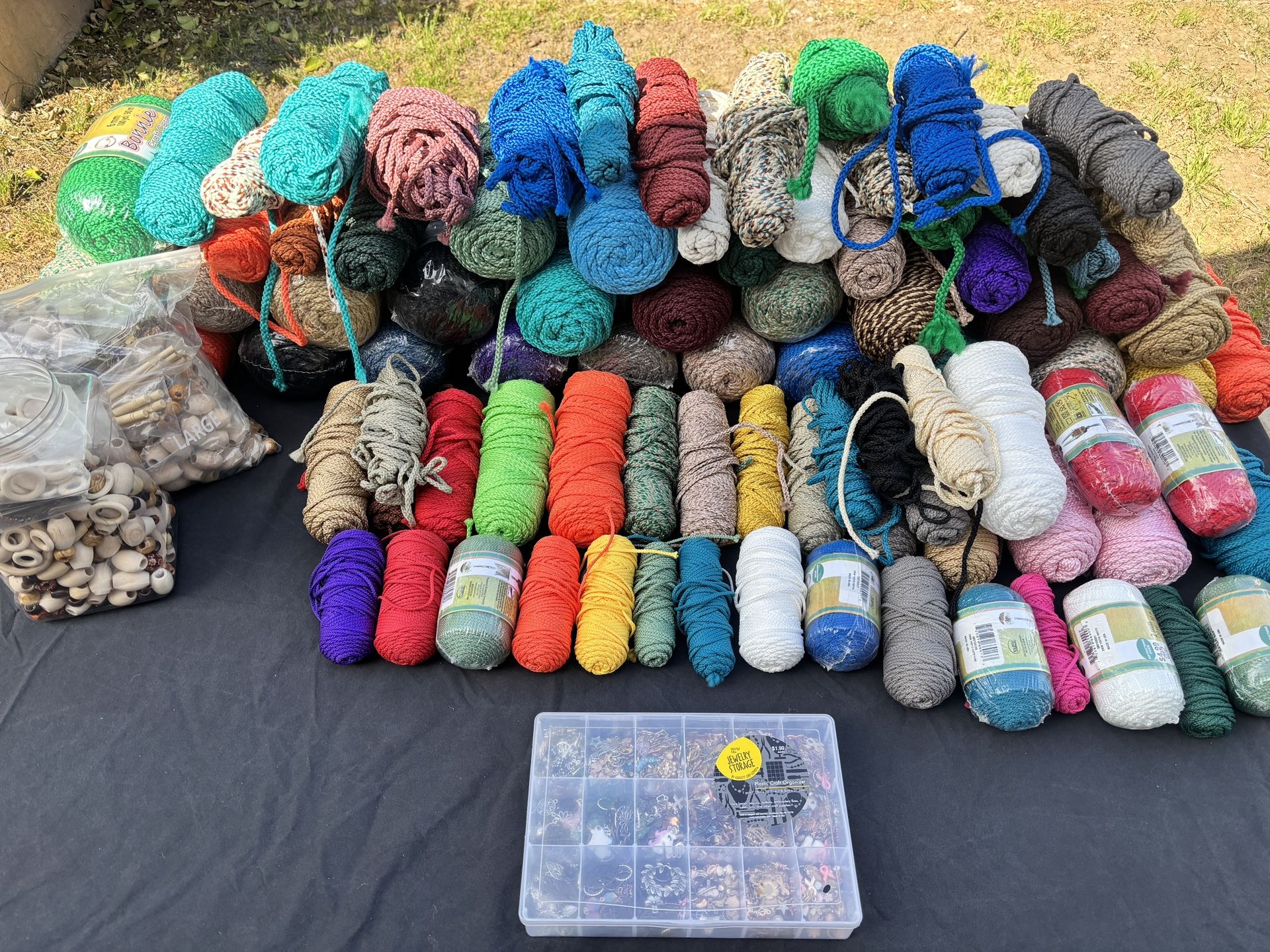 Macrame & Craft Supply Lot – 80+ Rolls + Beads, Rings & Charms