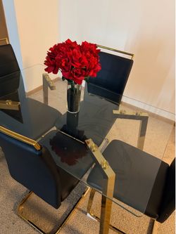 Modern Glass Dining Table Set w/ 4 Black & Gold Chairs