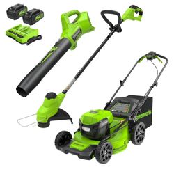 Greenworks 48V (2x24V) 21" Brushless Mower+12" String Trimmer+320CFM Blower,(2) 5.0Ah Batteries