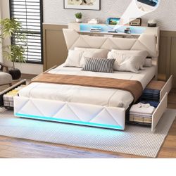 Vabches Queen Bed Frame with Storage Headboard and 4 Drawers,Upholstered Platform with Charging Station and Led Lights,Adjustable Headboard,r