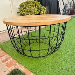 Round Solid Wood & Black Metal Coffee Table – 30.5” – Modern Farmhouse