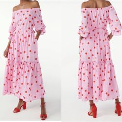 NWT Scoop Pink/Red Polka-Dot Off the Shoulder Maxi Dress