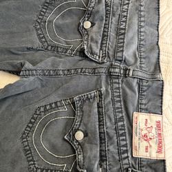 True Religion Straight Flap Jeans Mens 33 Gray Repair Distressed