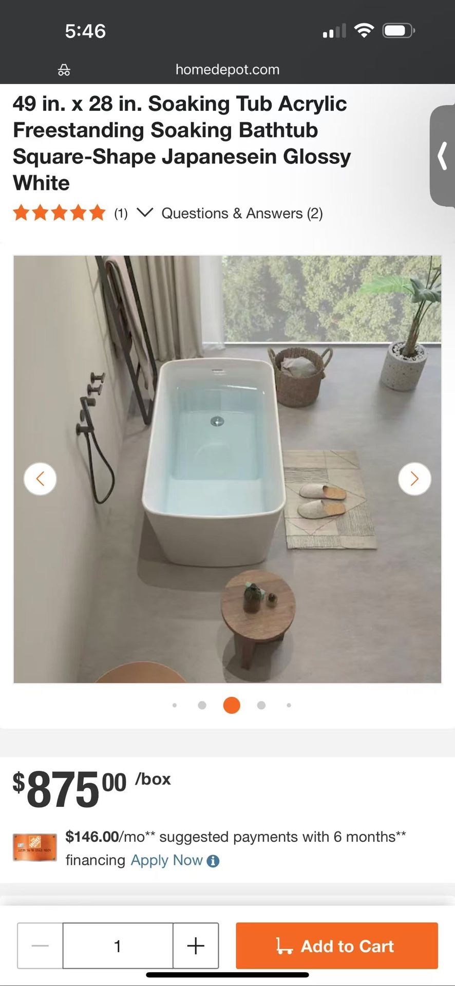 Home Depot 20% OFF 23AMAZING-49 Abruzzo 49 in. x 28 in. Soaking Tub Acrylic Freestanding Soaking Bathtub Square-Shape Japanesein Glossy White
