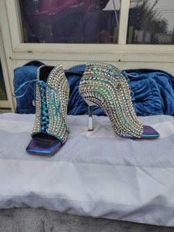 Azalea Wang Light It Up Iridescent Blue Rhinestone Lace Up Stiletto Booties - Size 7;1/2