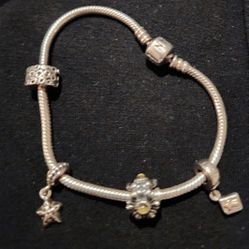 Pandora Barrel Clasp Snake Chain Bracelet Sterling Silver w/Charms 7.9"