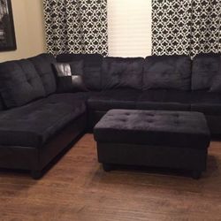 New Black Microfiber Sectional Couch And Ottoman