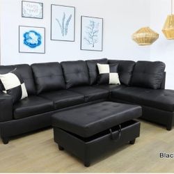 Black Faux Leather 3 Seater Sectional Sofa With Ottoman 